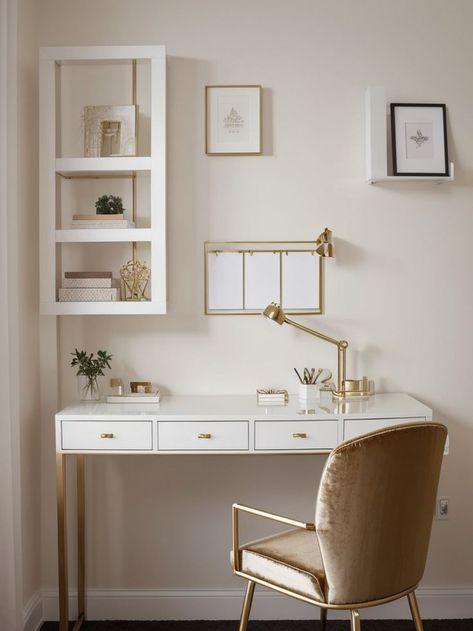 White Gold Vanity Desk, Office Desk Gold, White And Gold Desk Office, White Desk With Gold Accents, White Desk Gold Legs, Desk Area Aesthetic, Aesthetic Desk Area, White Desk Gold, Desk With Gold Accents