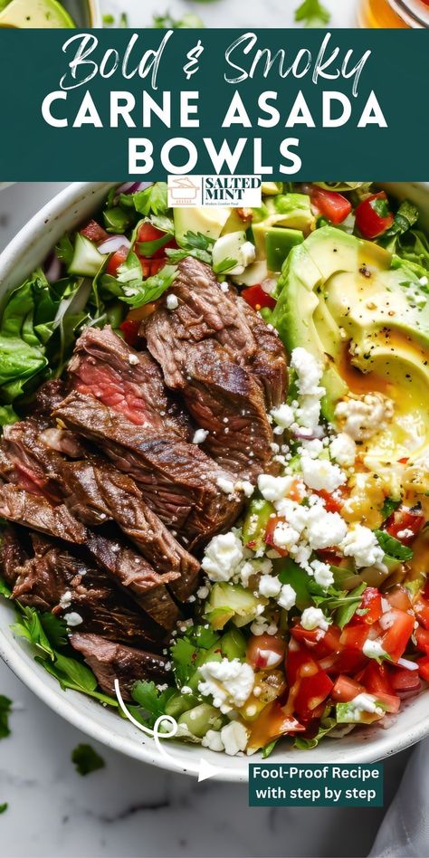 Try these Carne Asada Bowls, featuring grilled steak marinated in lime and Mexican spices. A healthy, easy dinner perfect for family BBQs. Healthy Man Meals, Healthy Carne Asada Recipes, Carne Asada Salad Recipes, Steak Bowl Meal Prep, Healthy Steak Dinner Ideas, Healthy Summer Dinner Recipes Beef, Steak Bowls Healthy, Carne Asada Sides, Healthy Steak Dinner Recipes