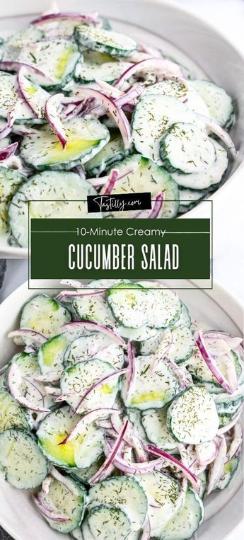 10-Minute Creamy Cucumber Salad Cucumber Onion, Cold Salads, Creamy Cucumber Salad, Cucumbers And Onions, Creamy Cucumbers, Pantry Ingredients, Salad Dressing Recipes Homemade, Onion Salad, Creamy Dressing