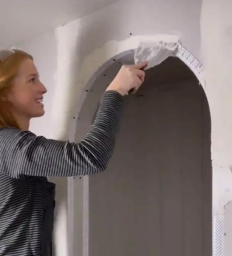 How To Add Arch To Doorway, How To Make Arches, Doorway To Archway, Arched Doorways Interior Diy, Adding Arches To Doorway, Fireplace On Staircase Wall, Diy Arch Door, How To Make Arched Doorway, Arches In Homes Interiors