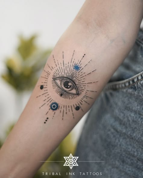 Sun Moon And Eye Tattoo, Third Eye Tattoo For Women, Ojo Turco Tattoo, 3rd Eye Tattoo Women, Evil Eye Hand Tattoo, Spiritual Eye Tattoo, Evil Eye Tattoo Design, Greek Evil Eye Tattoo, Evil Eye Tattoo Ideas