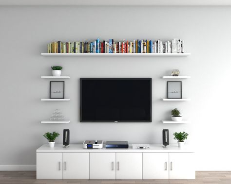 Shelves For Tv On Wall, Shelves In Tv Room, Mounted Tv In Office, Wall Mounted Tv Kitchen, Wall Mounts For Shelves, Livingroom Tv Wall Ideas, Shelves Around Mounted Tv, Tv Room Floating Shelves, Small Tv Wall Ideas Bedrooms