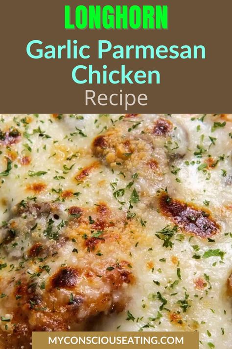 Garlic parmesan chicken with a sprinkle of herbs Long Horn Steakhouse Parmesan Chicken, Longhorn Chicken Parmesan, Longhorn Steakhouse Parmesan Chicken, Longhorn Steakhouse Recipes, Longhorn Parmesan Crusted Chicken, Steakhouse Recipes, Cinnamon Roll French, Longhorn Steakhouse, Classic Restaurant