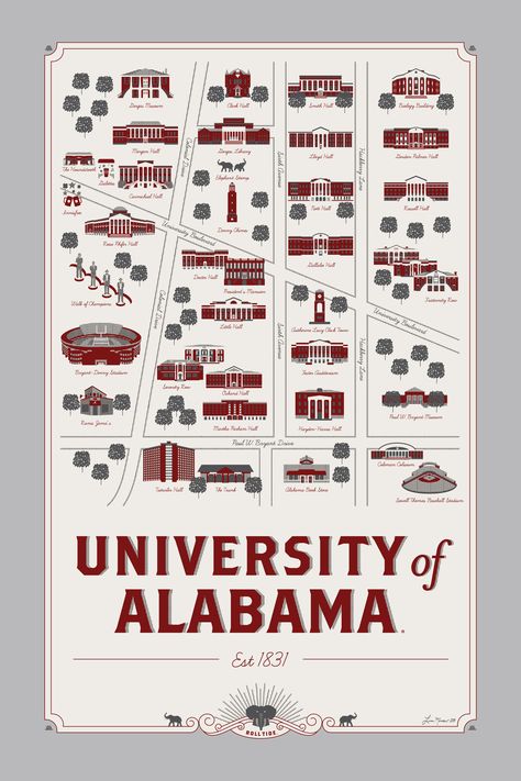 Cool SEC campus prints. Alabama Crimson Tide Roll Tide! Waiting for the Big 10 versions. University Of Alabama Campus, Dixieland Delight, Alabama Map, Alabama College, Alabama Shirts, Alabama Football Roll Tide, Rammer Jammer, Crimson Tide Fans, Alabama Fans