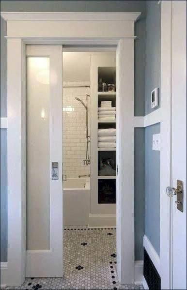 Top 50 Best Pocket Door Ideas - Architectural Interior Designs #BathroomRemodel Pocket Door, Bathroom Remodel Designs, Trendy Bathroom, Wood Bathroom, Bathroom Doors, Shower Remodel, Joanna Gaines, Bath Room, Pocket Doors