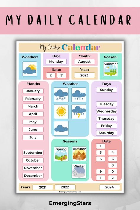 Start your morning routine with My Daily Calendar! The perfect and fun activity for children to learn all about the days of the week, dates, months, years, seasons and weather with this interactive calendar! Ready to download, print and cut out! Need more fun ideas for educational activities? Shop now or view other amazing resources at Emerging Stars! #DailyCalendar #Montessori #daysoftheweek #interactivecalendar #printable Day Week Month Year Kindergarten, School Calendar Ideas, Calendar For Kindergarten, Daily Calendar Printable, Calendar Preschool, Toddler Calendar, For Kindergarten Activities, Teaching Calendar, Montessori Calendar