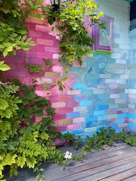 The Last House Standing On The Street — Camille Javal Coloured Brick Wall, Rainbow Brick Wall, Outside Wall Colour, Colorful Brick Wall, Shop Exterior Design Ideas, Mural On House Exterior, Painting On Bricks, Painting Wall Aesthetic, Painting Ideas Garden