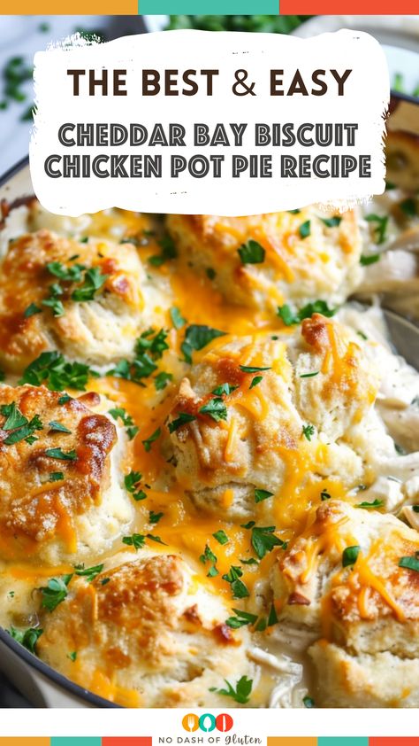 Discover the ultimate comfort food with this Cheddar Bay Biscuit Chicken Pot Pie! Tender chicken, veggies, and a creamy sauce topped with cheesy biscuits. Ready in 40 minutes, this dish is perfect for a cozy family dinner. Save this recipe and try it tonight! Best Chicken Pot Pie With Biscuits, Garlic Bread Chicken Pot Pie, Chicken Pot Pie Bake Cheddar Bay Biscuits, Chicken Pot Pie Casserole With Cheddar Biscuit Topping, Betty Crocker Chicken Pot Pie, Chicken Pot Pie Pillsbury Biscuits, Large Chicken Pot Pie, Cheddar Bay Biscuit Chicken And Dumplings, Cheddar Bay Seafood Pot Pie