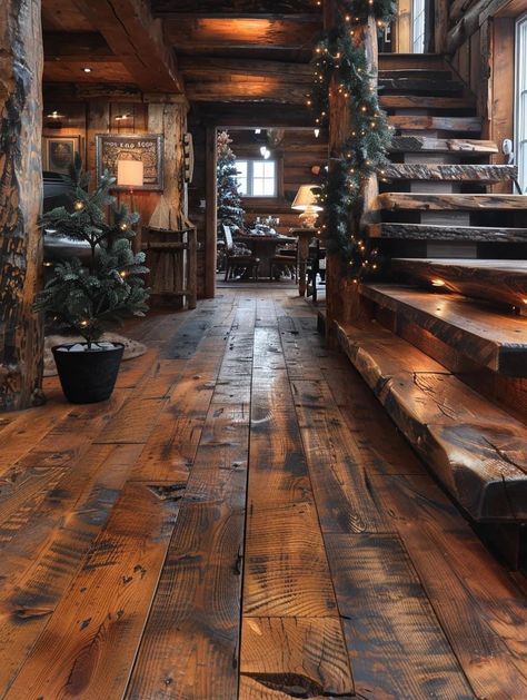 Rustic Cabin Staircase, Dark Wood Cabin, Cabin Foyer, Dream House Country, Lodge Interiors, Rustic Wood Floors, Cabin Interior Design, Log Cabin Interior, Log Cabin Rustic