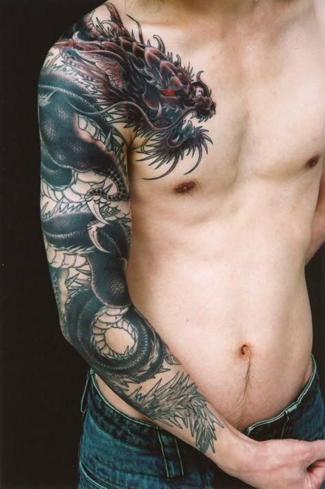 Dragon tattoos for men can symbolize greed, power, duality, intellect… Geisha Tattoos, Black Dragon Tattoo, Dragon Tattoo Arm, Dragon Tattoos For Men, Dragon Sleeve, Filipino Tattoos, Dragon Sleeve Tattoos, Skeleton Hand Tattoo, Men Tattoos