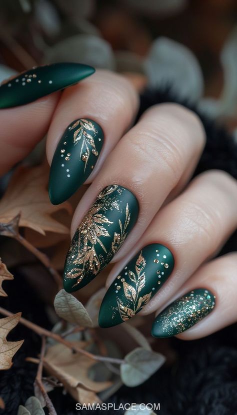 Get inspired by these 30+ best November nail ideas for 2024, perfect for the cozy fall season. From warm autumnal tones like burnt orange, deep reds, and earthy browns to trendy designs featuring plaid patterns, leaf art, and glittery accents, these nail styles are perfect for every mood and occasion. Try matte finishes for a sophisticated look or add gold and metallic touches for holiday-ready glam. Whether you prefer minimalistic or bold designs, these November nail ideas will elevate. Boho Nails Green, Yule Inspired Nails, Lotr Nails Lord Of The Rings, Yule Nail Designs, Yule Nails Pagan, Pine Cone Nails, Forest Inspired Nails, Throne Of Glass Nails, Elven Nails