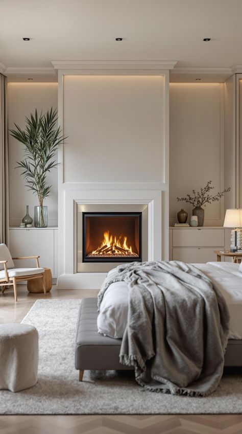 Bedroom with Fireplace Modern Fireplace In Bedroom, Modern Bedroom With Fireplace, Primary Bedroom Fireplace Ideas, Diy Fireplace In Bedroom, Bedroom Electric Fireplace Ideas Master, Electric Fireplace Bedroom Ideas, Electric Fireplace Bedroom Ideas Master Suite, Fireplace Wall Bedroom, Fireplace Mantle Bedroom