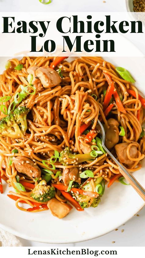 This chicken lo mein is the ultimate comfort food! It features an ultra-savory sauce, tender chicken bites, and perfectly cooked veggies. Plus, it only takes about 20 minutes to make and tastes so much better than takeout! Chicken Shrimp Lo Mein Recipe, Chicken Lo Mein Recipe Using Ramen Noodles, Crock Pot Chicken Lo Mein, Chicken Lo Mein Crockpot, Chicken Low Mein Recipe Easy, Homemade Chicken Lo Mein, Lo Mein Recipes Easy, Chicken Lo Mein Recipe Easy Stir Fry, Easy Chicken Lo Mein Recipe