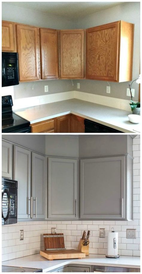 A builder grade kitchen gets a new look with classic features like gray cabinets, Quartz counters and subway tile. A truly inspiring kitchen before and after re… Builder Grade Kitchen, Kitchen Ikea, Серая Кухня, Cabinets Painted, Kabinet Dapur, Gray Cabinets, New Kitchen Cabinets, Kitchen Cabinets Makeover, Grey Kitchen Cabinets