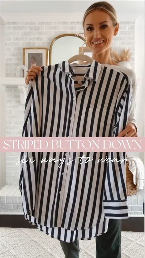 Stripe Oversized Shirt Outfit, Oversized Striped Shirt Outfit Women, Vertical Stripe Button Down Outfit, How To Style A Striped Shirt Long Sleeve, Style Striped Button Up, Patterned Shirts Women, Black And White Stripe Button Up Shirt Outfit, Styling Black And White Striped Shirt, Oversize Striped Shirt Outfits