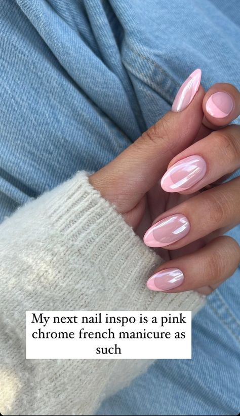 French 2025 Nails, Pink Chrome French Manicure, Pink Micro French Manicure, Crome Pink Nail French, Pink Chrome Nails Tips, Strawberry Milk Chrome Nails, Pink Chrome Design Nails, Pink French Nails With Chrome, Milky Pink French Tip Nails