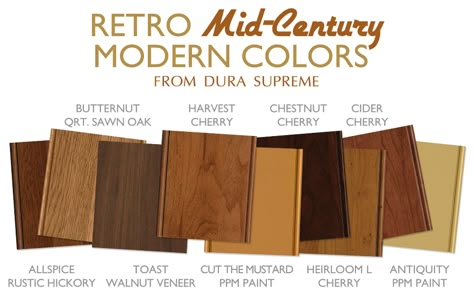 Retro Mid-Centrury Modern kitchen cabinet colors showing paint and stain finishes for creating this look. Mid Century Modern Flooring, Dura Supreme Cabinets, Doors Colors, Wood Accent Walls, Mid Century Modern Door, Mid Century Modern Kitchen Design, Modern Style Kitchen, Cabinet Door Designs, Mid Century Flooring