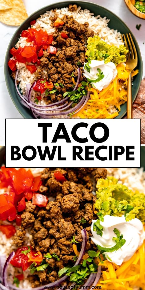 This Taco Bowl recipe is a fun twist on a traditional taco. Ground beef taco meat layered on cilantro lime rice and all your favorite taco toppings. This easy and delicious meal will become a new family favorite. Weight Watcher Taco Bowl, Street Taco Bowl, Ground Beef Bowl Mexican, Ground Beef And Rice Burrito Bowl, Taco And Rice Bowl, Mexican Lunch Bowls, Tacos In A Bowl, Taco Bowl With Rice, Taco Variations Ground Beef