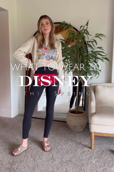 Here I'm sharing some ideas on what to wear to Disneyland if you're going this spring. We went recently and I picked out this comfortable outfit which was perfect! I paired this Disney themed sweatshirt (I linked a bunch of similar ones on my LTK page) with these leggings, Birkenstock sandals, and this belt bag! Let me know what you think! | Disney, mom life, motherhood, day trips, activities, theme parks, comfort, outfits, style, inspiration Disney Mom Style, Disney Outfits Women Leggings, Cool Mom Disney Outfit, Disneyland Outfits Leggings, Mom Park Outfit Spring, Mom Theme Park Outfit, Disneyland Outfits Women Spring, Comfortable Theme Park Outfit, Disney Outfits Leggings