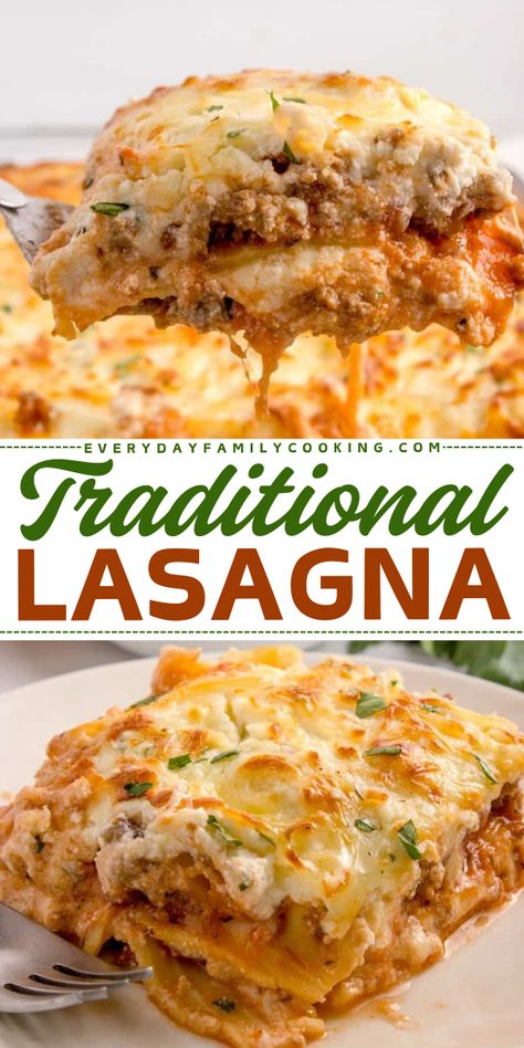 This easy homemade lasagna recipe is a must-have in your comfort food recipes! This best classic lasagna is filled with layers of hearty meat sauce, creamy ricotta, and mozzarella cheese between perfectly cooked noodles. Yum! Lasagna With Feta Cheese, Lasagna Without Meat, Homemade Lasagna Recipe With Ricotta, Lasagna With Ricotta Cheese And Meat, Ricotta Cheese Filling For Lasagna, Ricotta Cheese Lasagna Filling, What Goes Well With Lasagna, Lasagna Filling Ricotta Recipe, Beshemell Lasagna