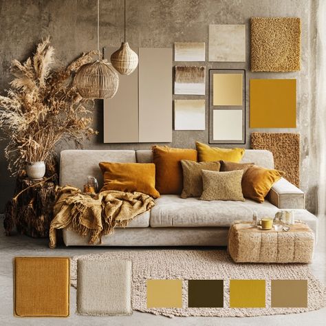 Mustard Color Palette, Mustard Living Room, Mustard Living Rooms, Palette Living Room, Color Palette Living Room, Mustard Color, Apartment Living Room, Color Pallets, Apartment Living