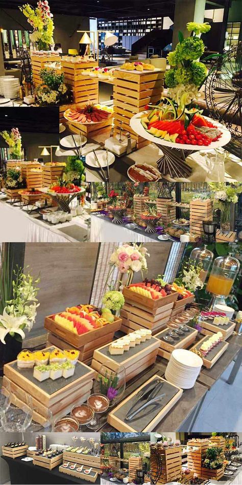 Wedding Buffet Table Decor, Buffet Table Settings, Wooden Buffet, Buffet Presentation, Food Display Stands, Wedding Buffet Food, Buffet Set Up, Catering Table, Buffet Stand