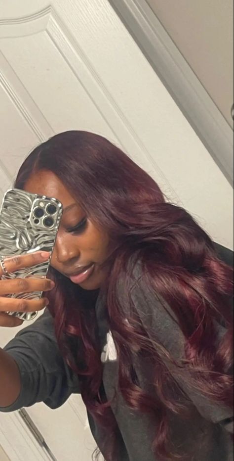 Burgundy Envy Hair Color, Sew In Hairstyles Burgundy, Burgundy Red Sew In, Burgundy Hair Photoshoot, Maroon Sew In Weave, Dark Red On Black Women, Lori Harvey Red Hair, Dark Red Weave Black Women, Burgundy Deep Wave Hair