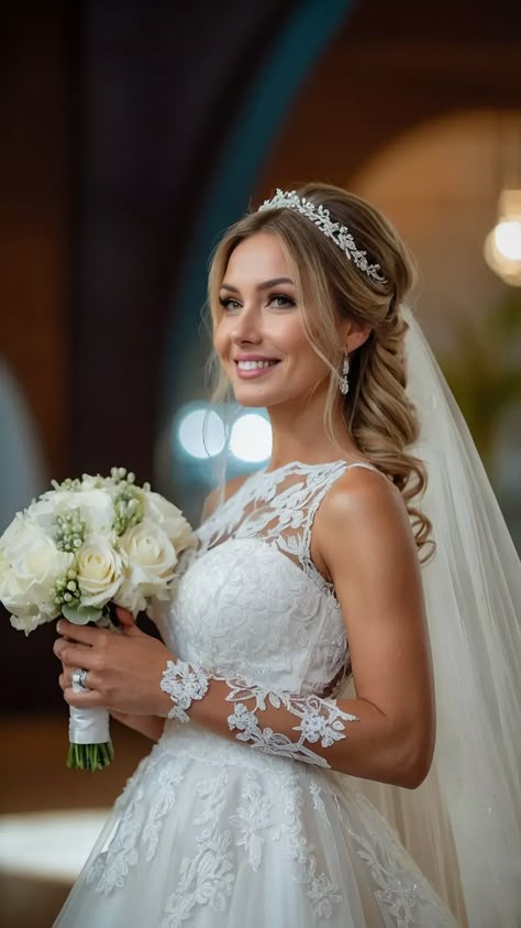 Updos, Curls, and Veils: 15 Wedding Hairstyles That Inspire Happiness - Fads Tiara And Veil Wedding Hair Down, Wedding Hair With Crown Tiaras, Bridal Updo With Crown And Veil, Bride Updo Hairstyles With Veil Tiaras, Bridal Hair And Makeup With Veil, Bridal Hair With Veil And Tiara, Hairstyle With Tiara Wedding, Bride Hair With Crown, Wedding Crown For Bride