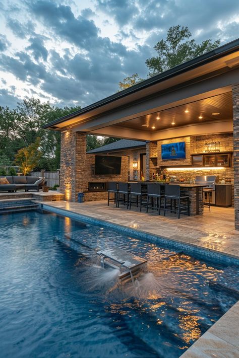 29 Outdoor Kitchen Ideas for a Stunning Backyard - My Elegant Home Poolside Kitchen And Bar, Luxury Outdoor Kitchen, Dream Backyard Pool, Outdoor Furniture Ideas, Lush Landscaping, Modern Outdoor Kitchen, Outdoor Kitchen Decor, Outdoor Kitchen Ideas, Backyard Pavilion