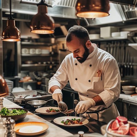 "Chef Plating Dish: Focused #ChefLife meticulously garnishes a dish in a professional kitchen, demonstrating #CulinarySkills and finesse. #FoodPhotography #PlatingArt #Gourmet #AIArt #AIPhoto #StockImages ⬇️ #Download and 📝 #Prompt 👉 https://stockcake.com/i/chef-plating-dish_746223_793483" Chef Plating Photography, Cooking Portrait, Gourmet Food Presentation, Chef Plating, Culinary Photography, Photoshoot Lifestyle, Cook Photography, Chef Styles, Culinary Art