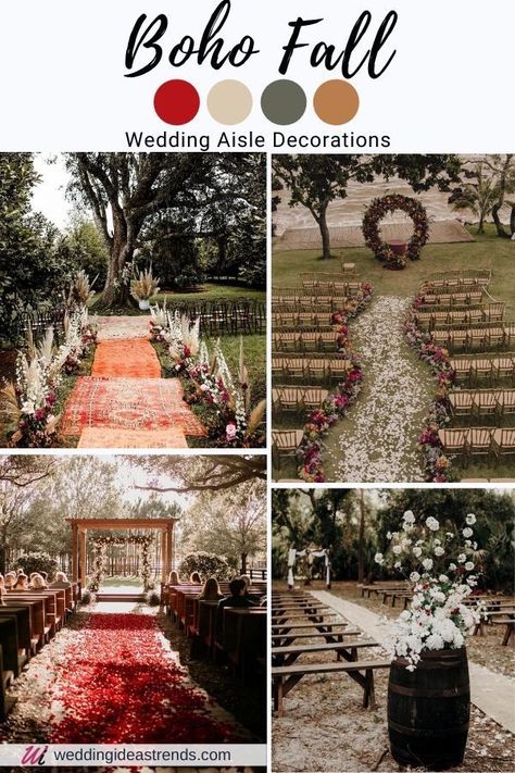 Rustic Boho chic fall wedding aisle decorations are all about the cozy feeling color combos - greenery, burgundy, and brown tone will make every wedding look dreamy. Check out my picks for wedding aisles color schemes this autumn from holiday pumpkins wedding Ideas, romantic earth-toned pampas grass fall color pallet, and a unique boho wedding trends for a magical dream wedding ceremony. Find out DIY ideas, budget tips, and a lot of amazing inspirations. Outdoor Fall Wedding Aisle, Fall Wedding Aisle Decorations, Outdoor Wedding Aisle Ideas, Fall Wedding Aisle, Wedding Aisle Ideas, Pumpkins Wedding, Outdoor Wedding Aisle, Wedding Aisle Decorations Outdoor, Aisle Ideas