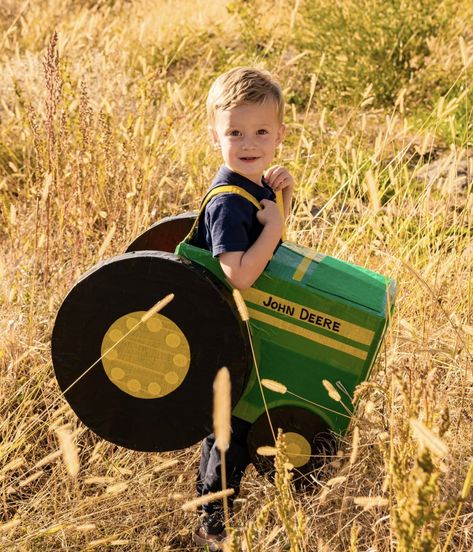 DIY Tractor Cardboard & Duct Tape Kids Costume — em victory studio Two Year Old Halloween Costumes Boy, Tractor Costume, Duct Tape Costumes, Monster Truck Costume, Cardboard Truck, Digger Costume, Mario Kart Costumes, Farm Costumes, Truck Costume