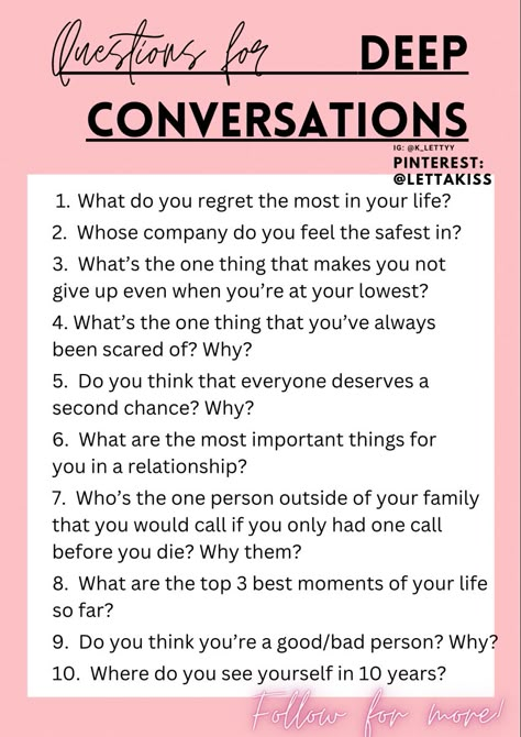 questions for deep conversations Topics For Deep Conversation, Couple Deep Talk Questions, Question For Deep Conversation, Friendly Conversation Starters, Deep And Meaningful Questions, Casual Conversation Topics, Dating Questions Funny, Deeper Conversation For Couples, Questions For Deeper Connection