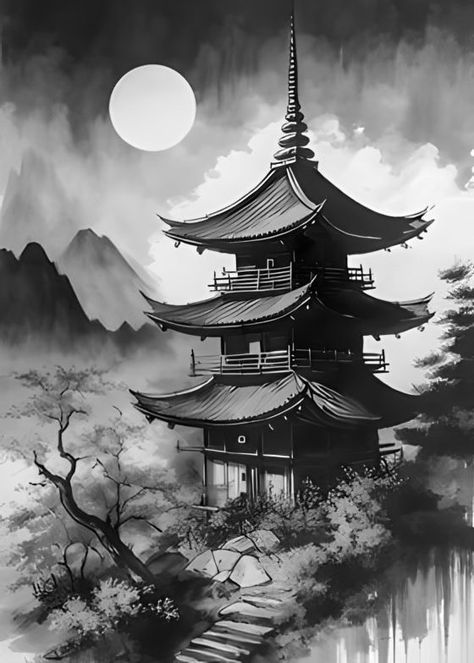 Japanese Tattoo Temple, Japanese Scenery Tattoo, Japan Temple Tattoo, Japanese Building Tattoo, Scenery Composition, Japanese Landscape Tattoo, Japanese Sakura Tattoo, Japanese Mountain Tattoo, Japanese Pagoda Tattoo