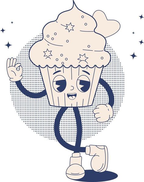 Retro  groovy  character  cupcake Cupcake Character, Muffin Cartoon, Cupcakes Illustration, Cookie Character, Healthy Logo, Character Cupcakes, Cupcake Illustration, Cupcake Vector, Cupcake Logo