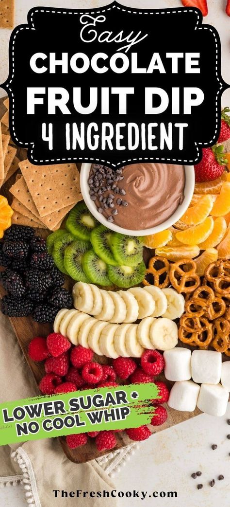 This 4-ingredient chocolate fruit dip is healthier than most, lower in sugar and made without Cool Whip. Great for dipping fruit, crackers and more. Perfect sweet dip for game day, the holidays or anytime you want a fun, after-school snack dip. Recipe via @thefreshcooky #chocolatedip #fruitdiprecipe Fruit Dip With Cream Cheese, Marshmallow Fluff Recipe, Chocolate Fruit Dip, Sweet Dip, White Hot Chocolate Recipe, Fruit Dip Recipe, Dip With Cream Cheese, Easy Healthy Dinner Ideas, Fruit Dips