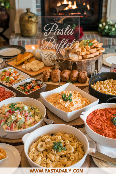 Make every night special with an incredible pasta spread! 🌙 Turn ordinary evenings into Italian feasts with these cozy buffet ideas! 🍝 Click for dinner party magic! #PastaNight Formal Anniversary Party, Dinner Party At Home Aesthetic, Italian Food Board Ideas, Italian Feast Table, Italian Buffet Party, Italian Party Food For A Crowd, Italian Board Ideas, Italian Food For Party, Pasta Themed Party