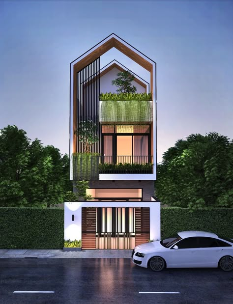 50 Narrow Lot Houses That Transform A Skinny Exterior Into Something Special Pitch Roof House Design, Flats Elevation Design, Narrow House Designs Exterior, Tall House Design, Vertical House, Narrow House Designs, Home Designs Exterior, Narrow House Plans, Flat House