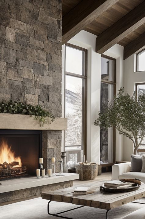 Mediterranean Lake House, Huge Stone Fireplace, Living Room With Double Sided Fireplace, Living Room Open Fireplace, Fireplace In Middle Of Open Floor Plan, Stone And Shiplap Fireplace Ideas, Large Fireplace Ideas, Tall Stone Fireplace Wall High Ceilings, Windows By Fireplace