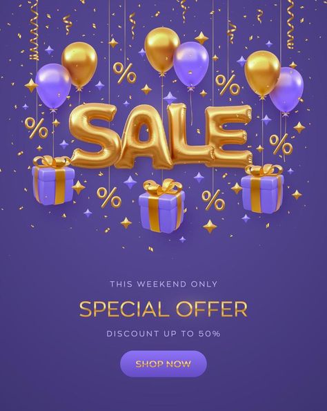 Sale banner design on purple background. Golden Sale word with fly helium balloons, gift boxes with golden bow. Gold percent symbols and glitter confetti. Realistic 3d objects. Vector illustration. Sale Promotion Design, Sale Banner Design, Ballon Banner, Balloons Gift, Signage Board, Sale Signs, Golden Bow, Blue Balloon, Banner Ad