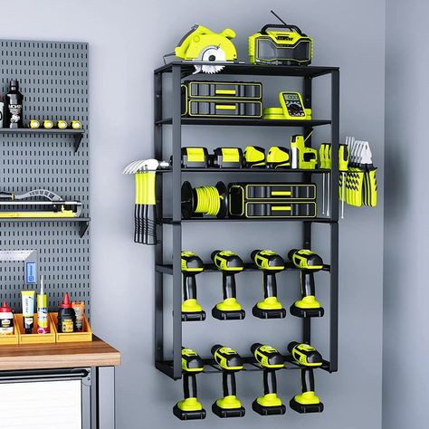 HE UPPER SPACE: KAFAHOM storage shelves heavy duty provides more accessibility by expanding it all the way up, utilizing the upper space that previously seemed useless. The height in total is 34", width 16", and depth 9". If you want an extra add-on for unorganized tools, a narrow corner can suit the rack well and hassle-free. Let the tools enjoy every fresh breath! #garage #garageorganization #garagestorage #garagegoals #garageorganizers Tool Shelf, Garage Wall Organizer, Garage Ceiling Storage, Power Tool Organizer, Wood Shelving Units, Battery Holders, Garage Storage Racks, Power Tool Storage, Drill Holder