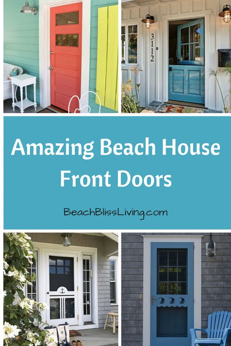 Beach House Color Palette Exterior, Beach House Doors Entrance, Beach Cottage Front Door, Beach House Curb Appeal, Beach Exterior Paint Colors, Beach House Front Doors, Coastal Door Colors, Beach House Door Colors, Beach House Front Door Colors