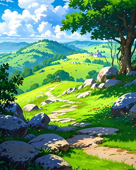 Serene view of an anime landscape, with a majestic tree standing tall surrounded by serene rocks, inviting you to immerse in nature's tranquility. 🌳 #PeacefulVibes . . Mobile Wallpaper Download Link In Bio Anime Tree, Manga Background, Nature Digital Art, Landscape Anime, Serene View, Imaginary Landscapes, Anime Nature, Object Reference, Anime Landscape