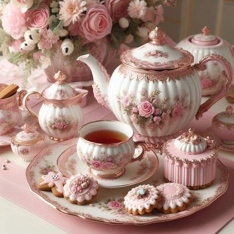 Pink Tea Set, Afternoon Tea Tables, Pink Tea Party, Pink Teapot, Sweet Cups, Idee Cricut, Royal Tea, Tea Party Theme, Pretty Tea Cups