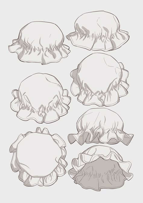 Frills Drawing Reference, Bonnet Reference Drawing, Shirt Ruffles Drawing Reference, Waving References Drawing, How To Draw Ruffles On Sleeves, Ruffle Sleeves Drawing, Drawing Frills, Puffy Skirt Drawing, Maid Drawing Reference