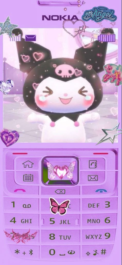 Purple Nokia Wallpaper, Kuromi 3d Wallpaper Purple, Kuromi Nokia Wallpaper, Kuromi Lockscreen Aesthetic, Flip Phone Background, Y2k Kuromi Wallpaper, Y2k Lockscreen Purple, Sanrio Flip Phone, Y2k Aesthetic Wallpaper Purple