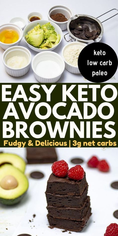 These decadent and fudgy squares are super chocolatey, fudgy, and grain-free. Make low carb avocado brownies with wholesome ingredients that are only 3g net carbs per serving. It takes less than 10 minutes to prep in your food processor, but you can use a mixing bowl as well! #ketobrownies #avocadobrownies #ketodiet #lowcarb #ketorecipes Keto Avocado Brownies, Chocolate Avocado Brownies, Keto Christmas Cookies, Avocado Brownies, Low Carb Brownies, Chocolate Avocado, Quick Easy Desserts, Keto Brownies, Keto Dessert Easy