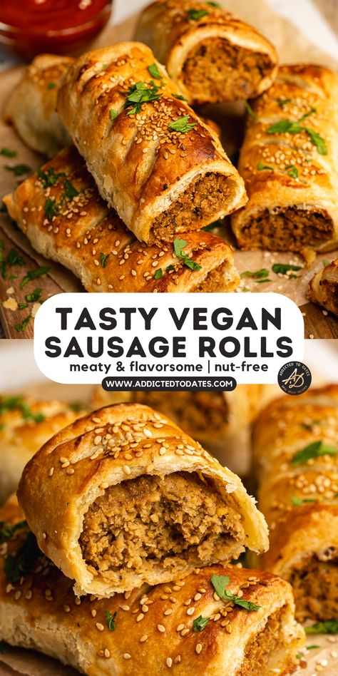 vegan sausage rolls with meaty filling, flaky puff pastry and a sprinkle of fresh herbs on top. Soy Puffs Recipe, Vegan Sausage Rolls Recipe, Vegan Savory Pastries, Veggie Sausage Rolls, Vegan Breakfast Pastries, Vegan Pasty, Vegan Puff Pastry Recipes, Vegan Savory Snacks, Chickpea Filling