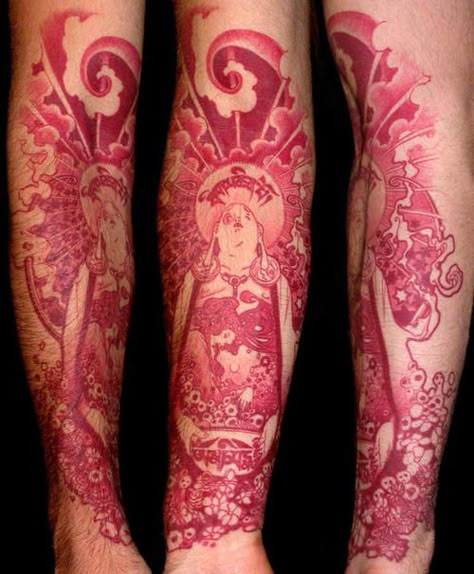 red ink sleeve #arm #tattoos New Tattoo Styles, People With Tattoos, Red Tattoo, Muster Tattoos, Buddha Tattoo, Red Ink Tattoos, Red Tattoos, Tattoo Shows, Trash Polka