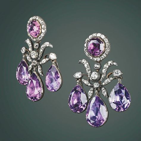 Catherine the Great really knew about jewellery, and she loved amethysts!! Here is one of her pairs of amethyst and diamond girandole… Magnificent Jewels, Georgian Jewelry, Tsar Nicholas, Royal Jewels, Amethyst Jewelry, Royal Jewelry, Crown Jewels, Amethyst Earrings, Antique Jewellery